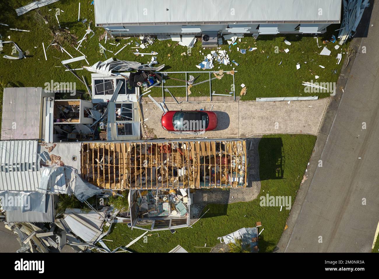 Destroyed by hurricane Ian suburban houses in Florida mobile home residential area. Consequences