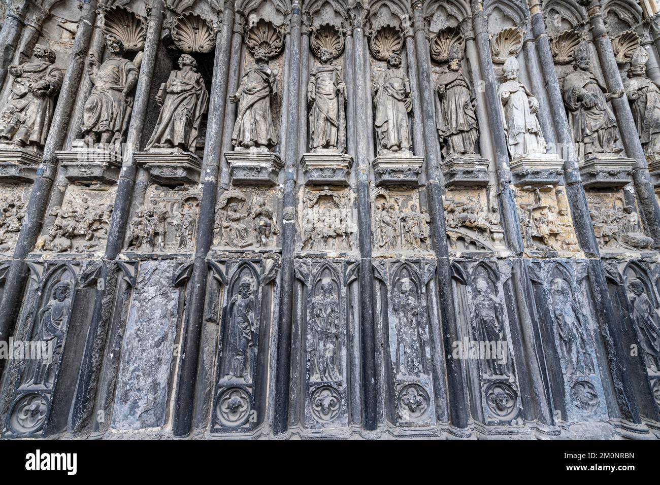 Religious reliefs, Unesco world heritage site Tournai Cathedral, Belgium, Europe Stock Photo