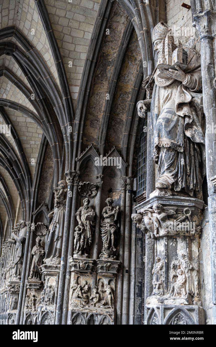 Religious reliefs, Unesco world heritage site Tournai Cathedral, Belgium, Europe Stock Photo