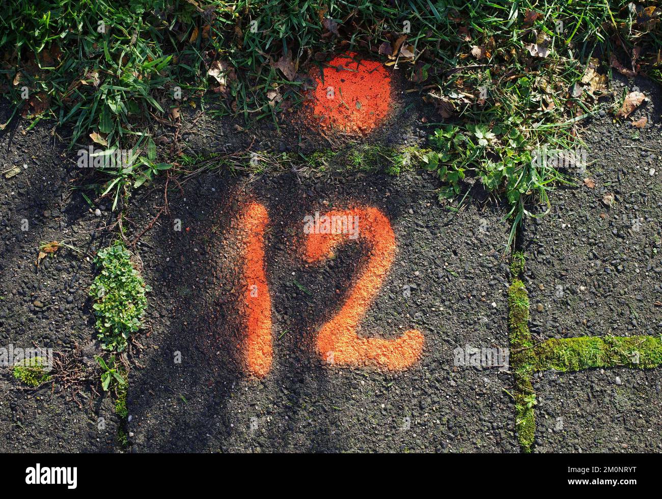 Number twelve in orange with a dot is written on the pavement Stock Photo