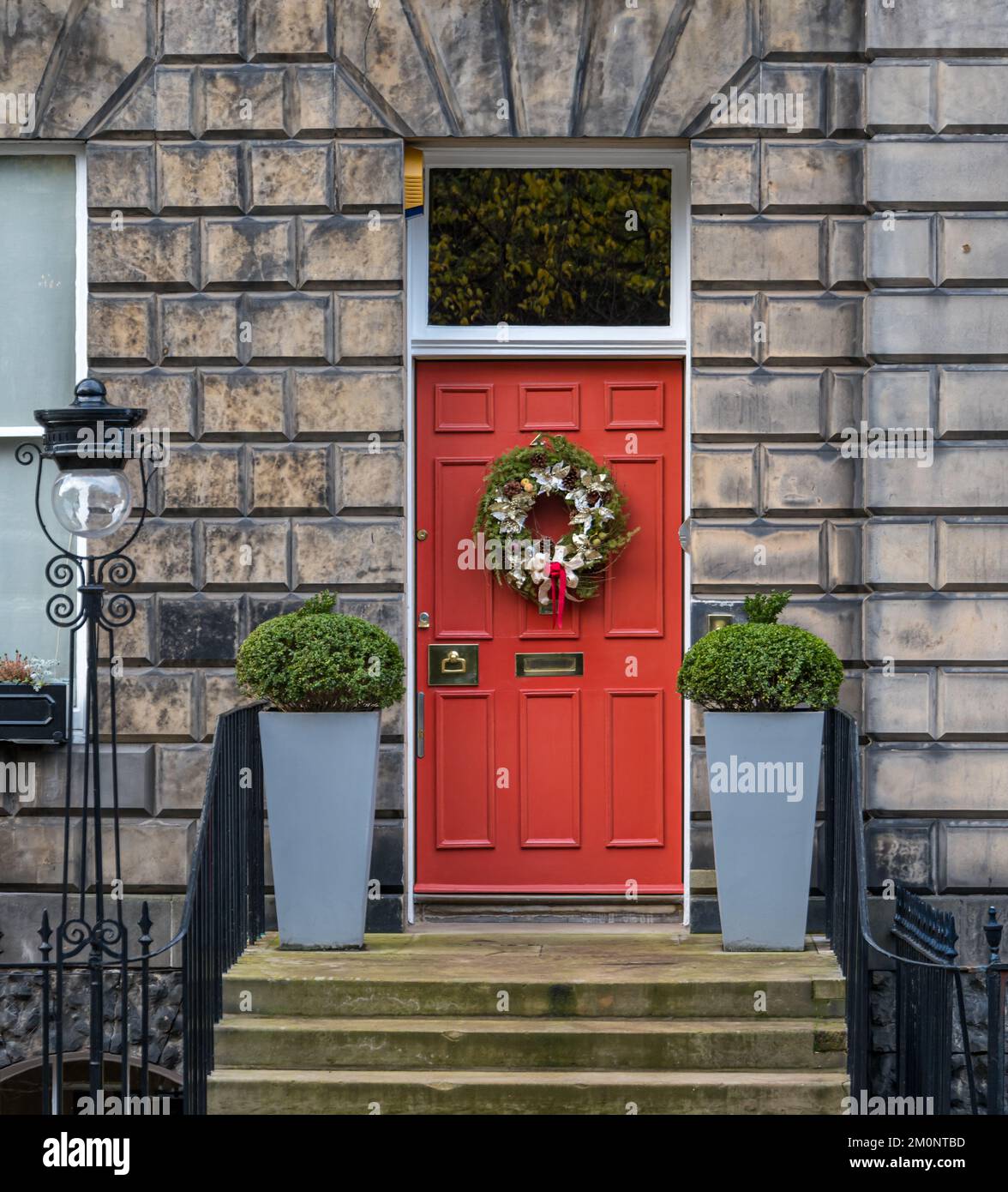 townhouse red front door with Christmas wreath, Edinburgh New