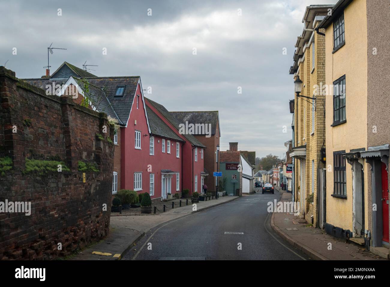 Street view of colorful buildings in the ancient town of Saffron Walden
