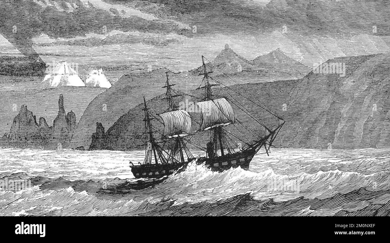 HMS CHALLENGER in a storm off the south tip of the Kerguelen Islands  in the subAntarctic  in 1874. Stock Photo