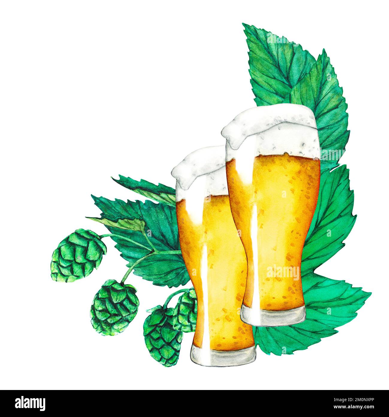 Glass of beer, hop and leaves. Frame watercolor. Clip Art beer