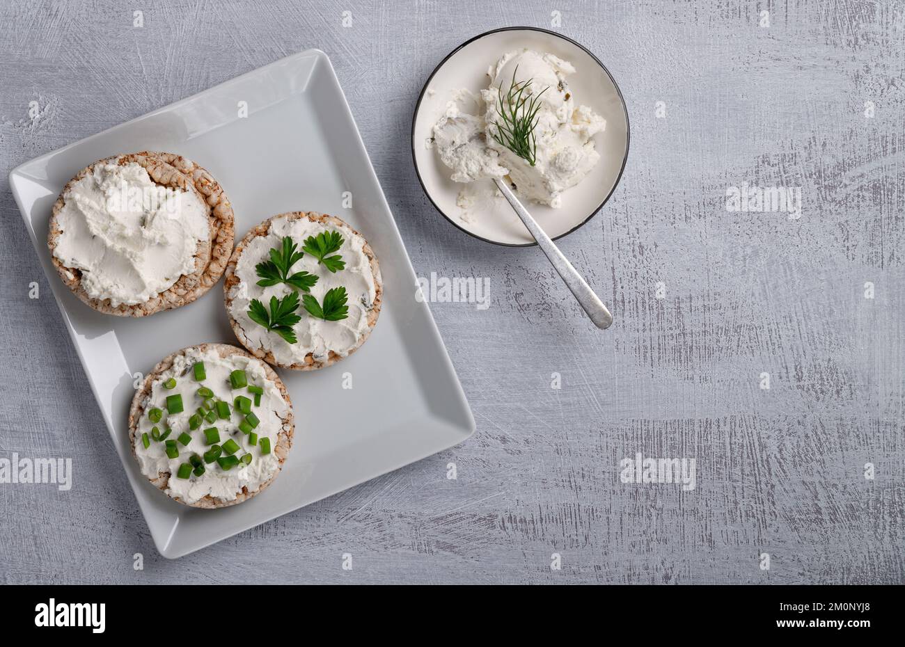 Curd sandwiches with fresh herbs. Crispbread toast with cottage cheese