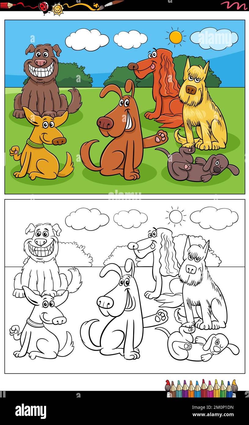 Cartoon illustration of funny dogs comic characters group coloring page Stock Vector