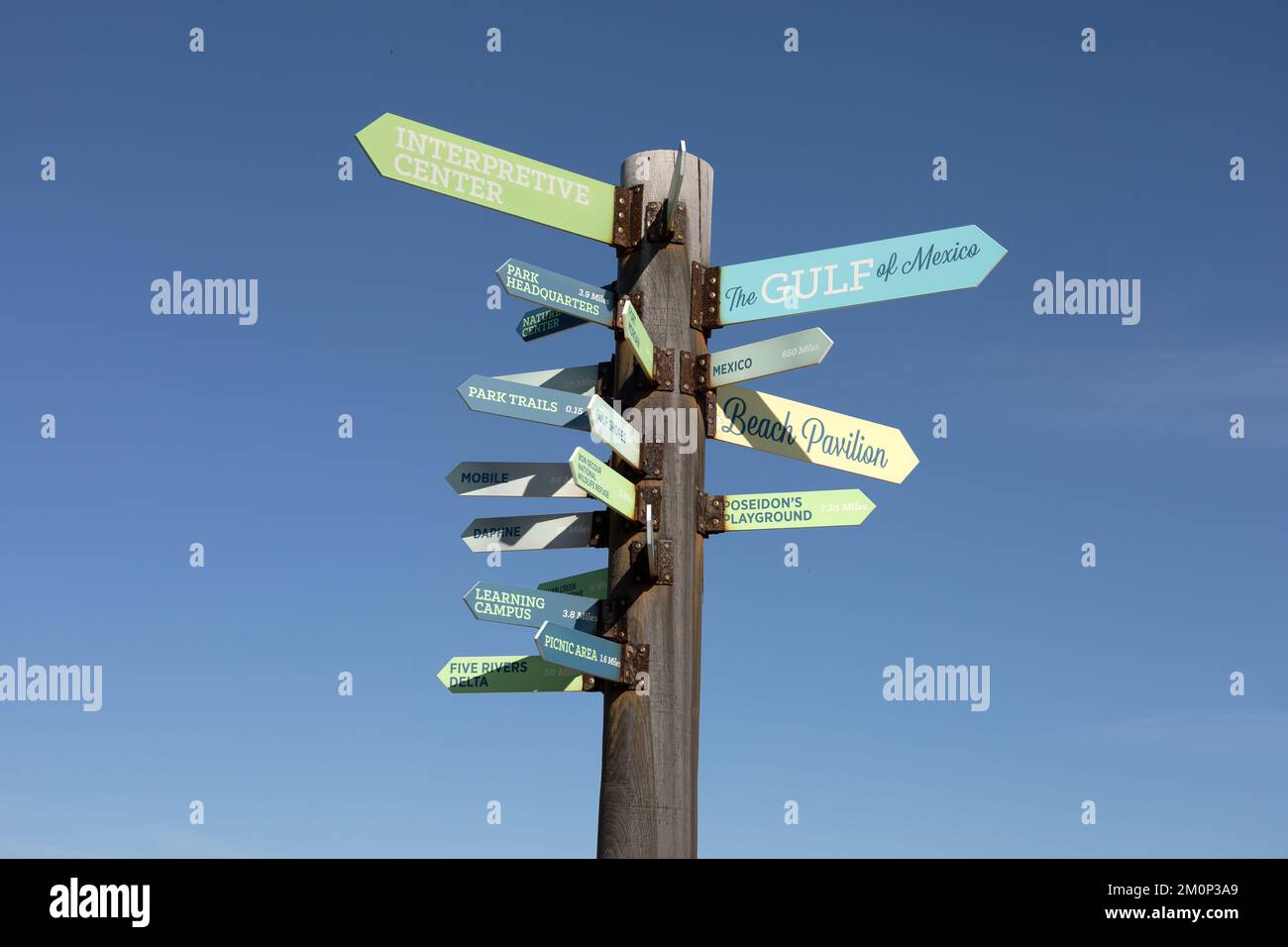 Sign Posts To Attractions In Gulf State Park Alabama United States Signposts To Areas Of The State Park On The Shores Of The Guld Of Mexico. Stock Photo