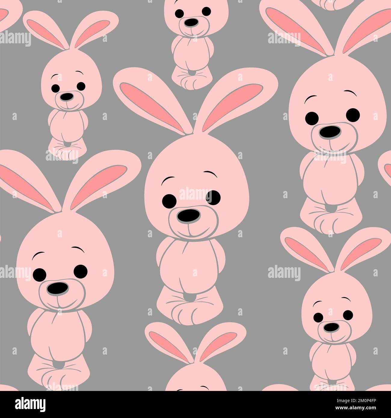 seamless pattern with pink cartoon rabbits on a gray background ...