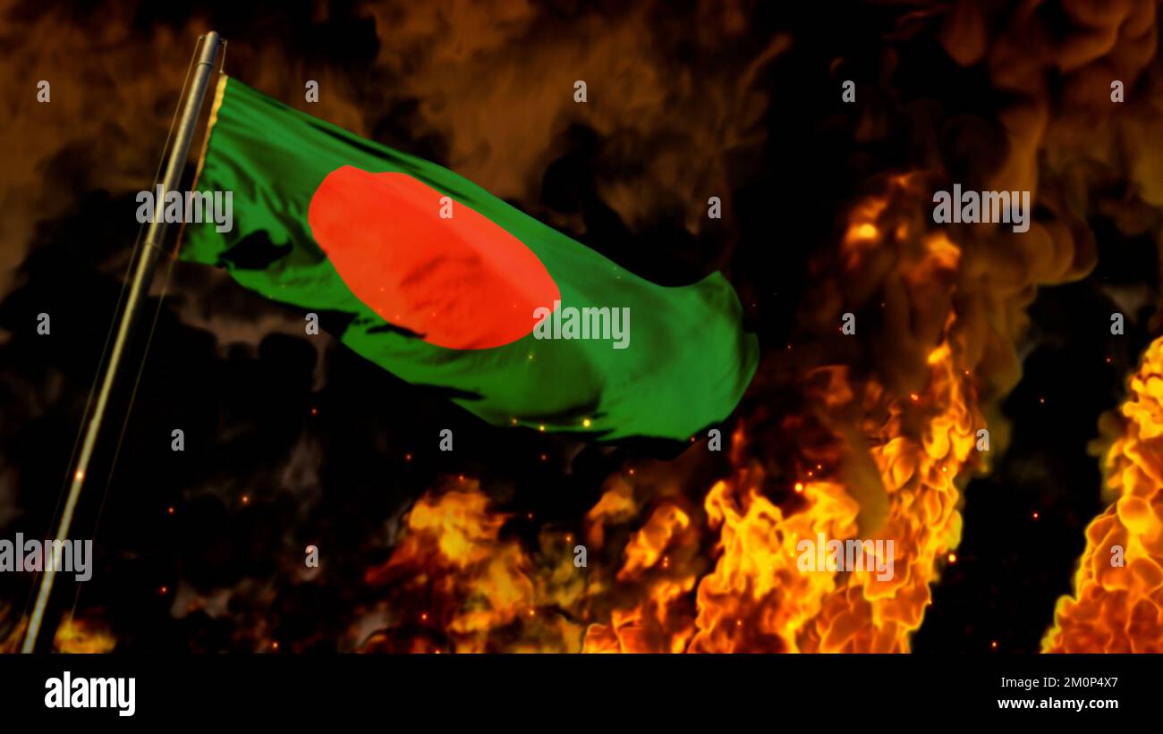 Flag Of Bangladesh On Burning Fire Backdrop Hard Times Concept