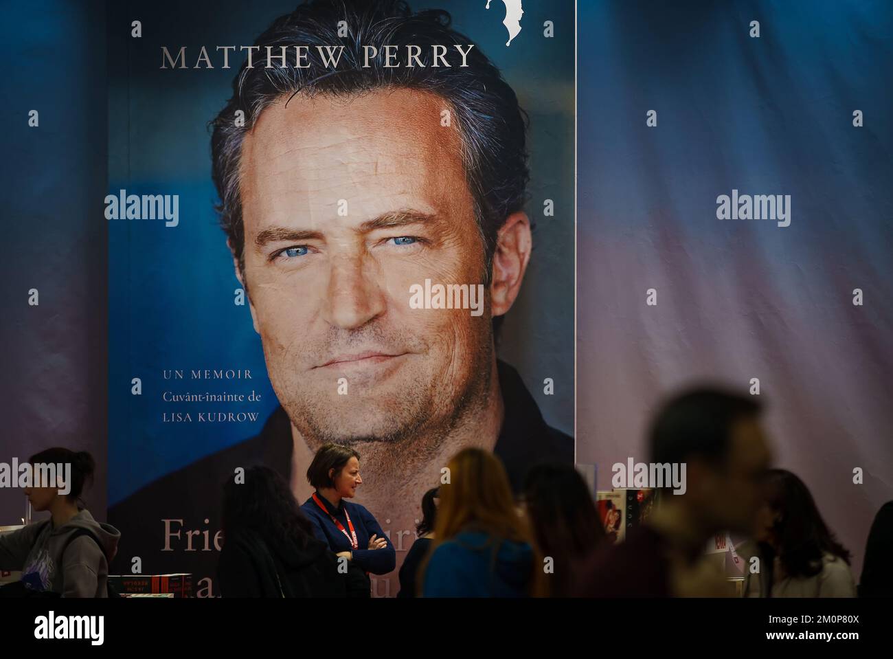 Bucharest, Romania - December 07, 2022: A large banner of Matthew Perry book 'Friends, Lovers, and the Big Terrible Thing: A Memoir' at Gaudeamus book Stock Photo