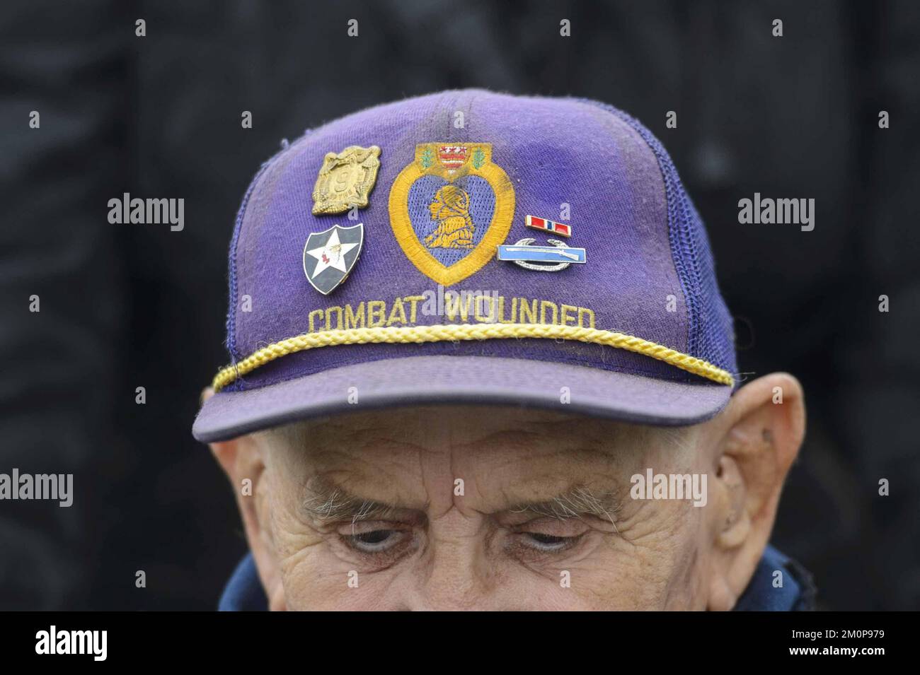 Washington, United States. 07th Dec, 2022. A World War II Veteran wears a Purple Heart hat during a wreath-laying ceremony held by The National Parks Service and The Friends of the National World War II Memorial to commemorate the 81st anniversary of the Battle of Pearl Harbor at the National World War II Memorial in Washington, DC on Wednesday, December 7, 2021. Photo by Bonnie Cash/UPI Credit: UPI/Alamy Live News Stock Photo