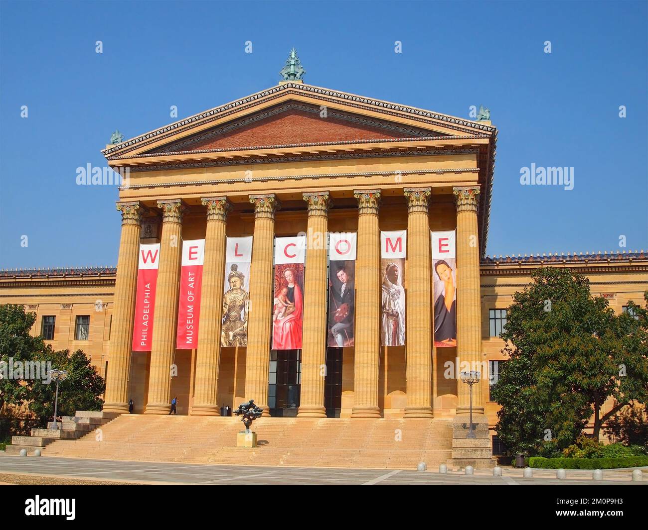 Entrance to the Philadelphia Museum of Art on a bright summer day with blue sky copy space. Stock Photo