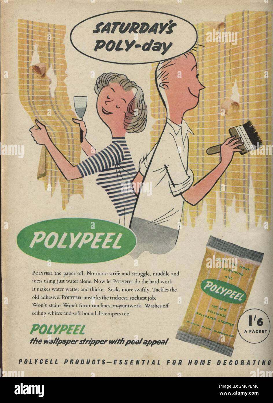 1960's DIY Magazine Advertisement from Homemaker Magazine for Polypeel Wallpaper stripper. 1960's design and mid century style and home improvement. Stock Photo