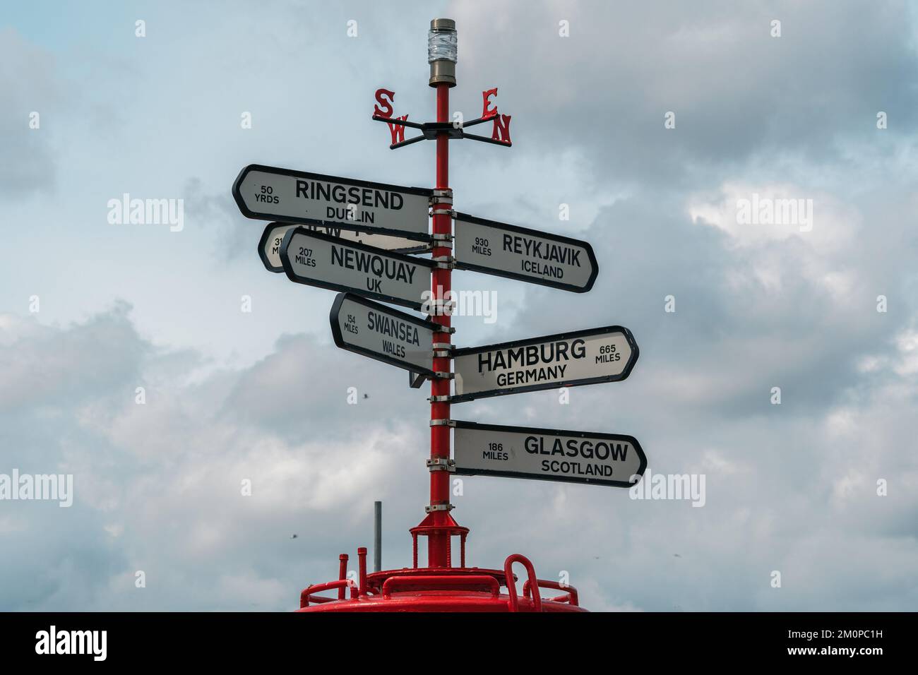 A red sign pole with compass directions showing ways to multiple big