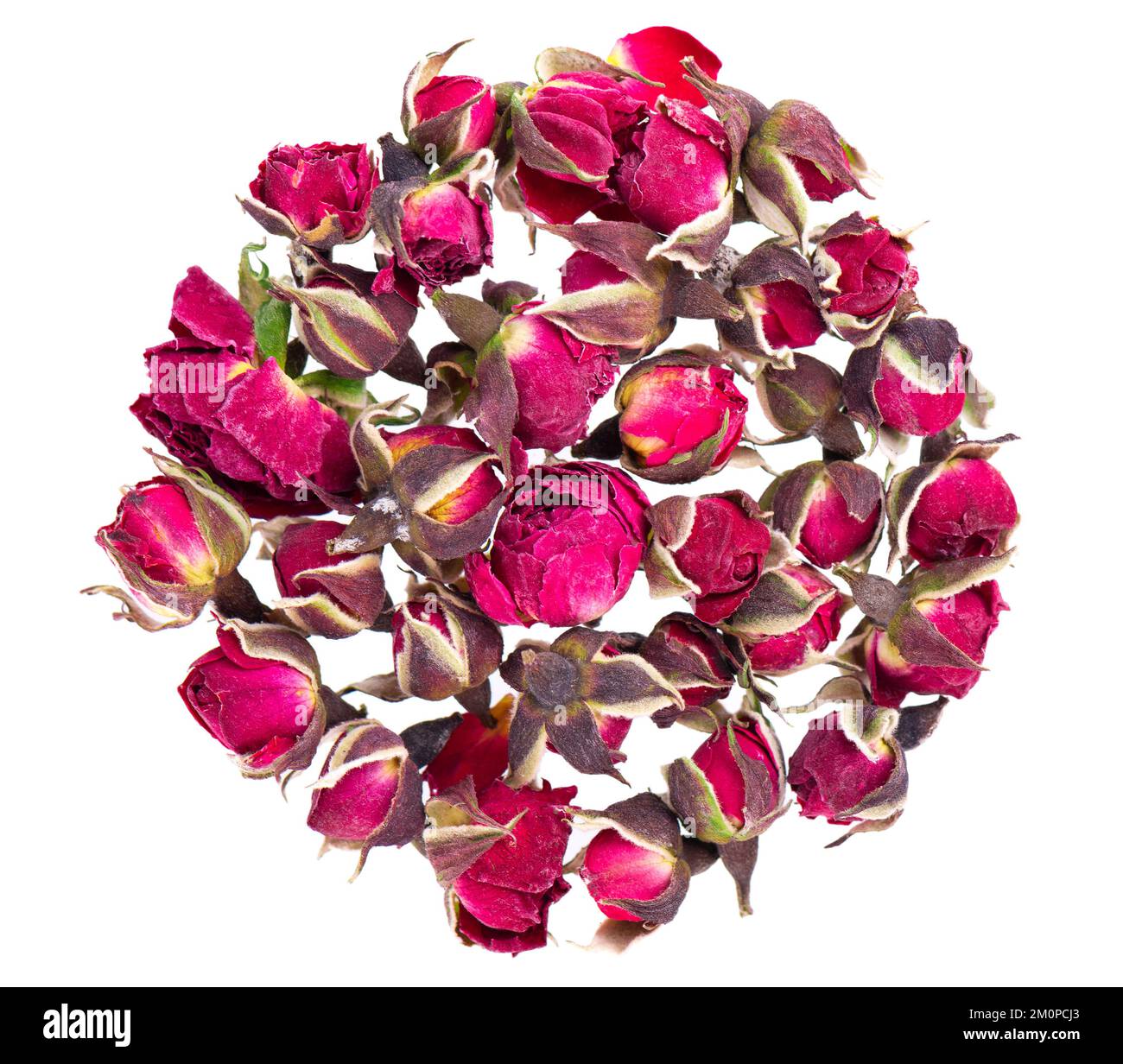 Heap of dry tea roses buds isolated on white background. Rose flower