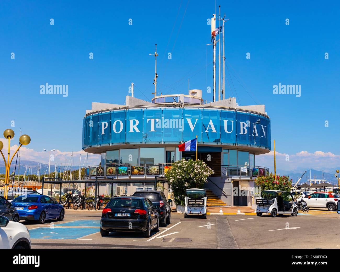 Antibes, France - August 4, 2022: Panoramic view Vauban Port and yacht marina with Captaincy building offshore Azure Cost of Mediterranean Sea Stock Photo