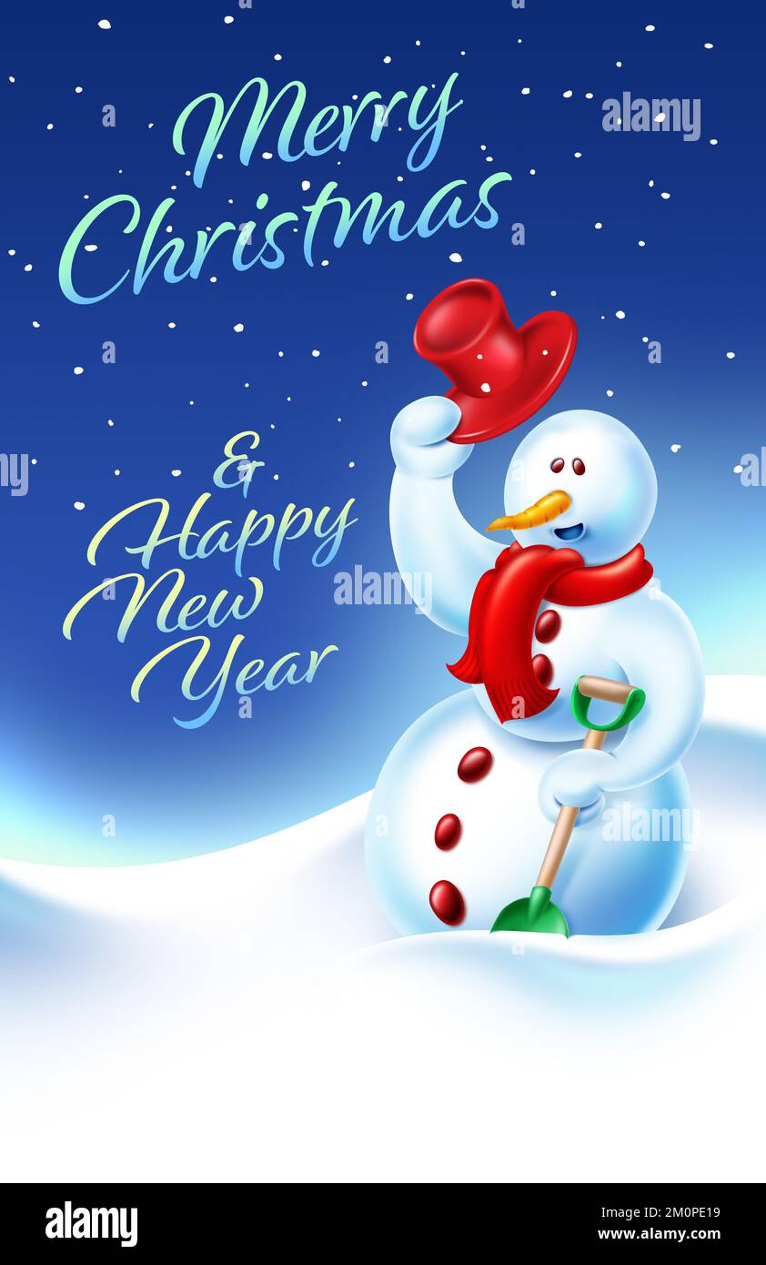 Merry Christmas and Happy New Year, with Snowman. Happy holidays , snowy new years eve Stock Photo