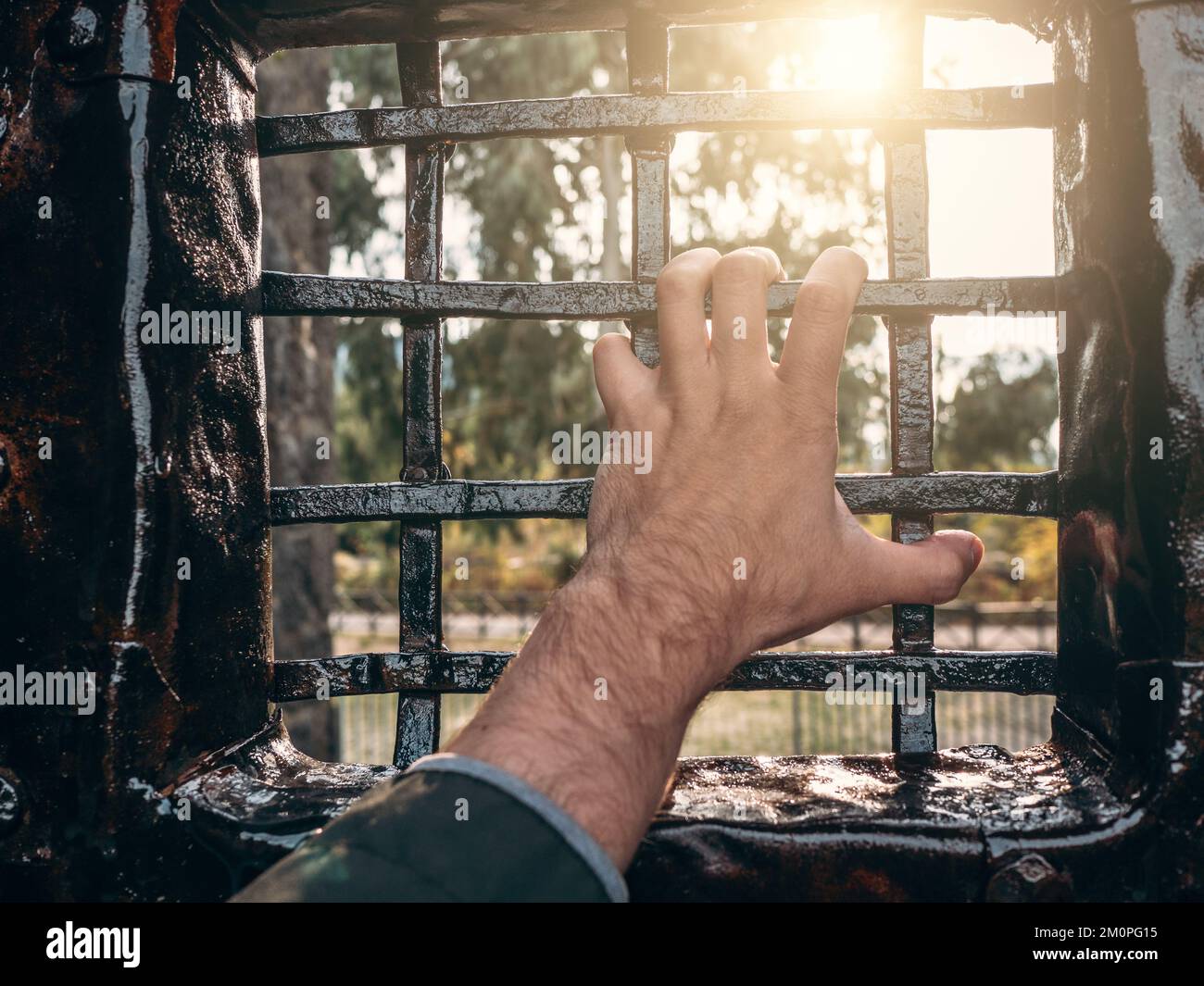 Man hand on iron grate. Criminal in captivity or imprisonment concept. Stock Photo