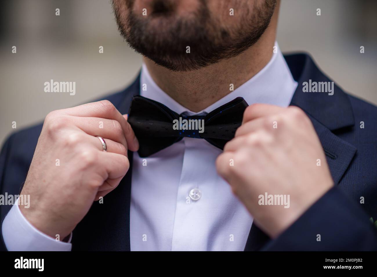 the hands of the groom bow tie. stylish groomsmen helping happy groom