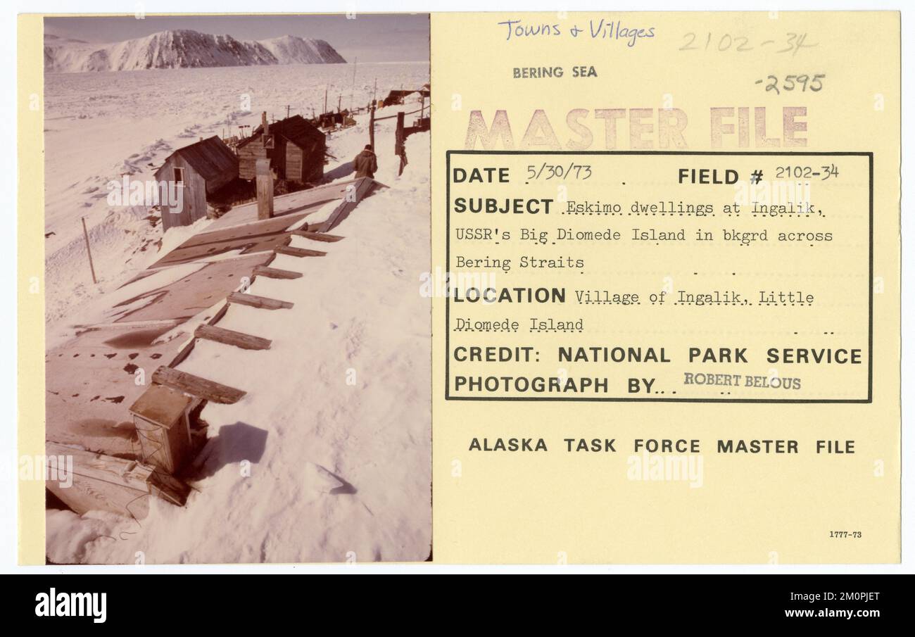 Eskimo Dwellings At Ingalik USSR S Big Diomede Island In Background Eskimo Dwellings At Ingalik Ussrs Big Diomede Island In Background Across Bering Straits Alaska Task Force Photographs 2M0PJET 