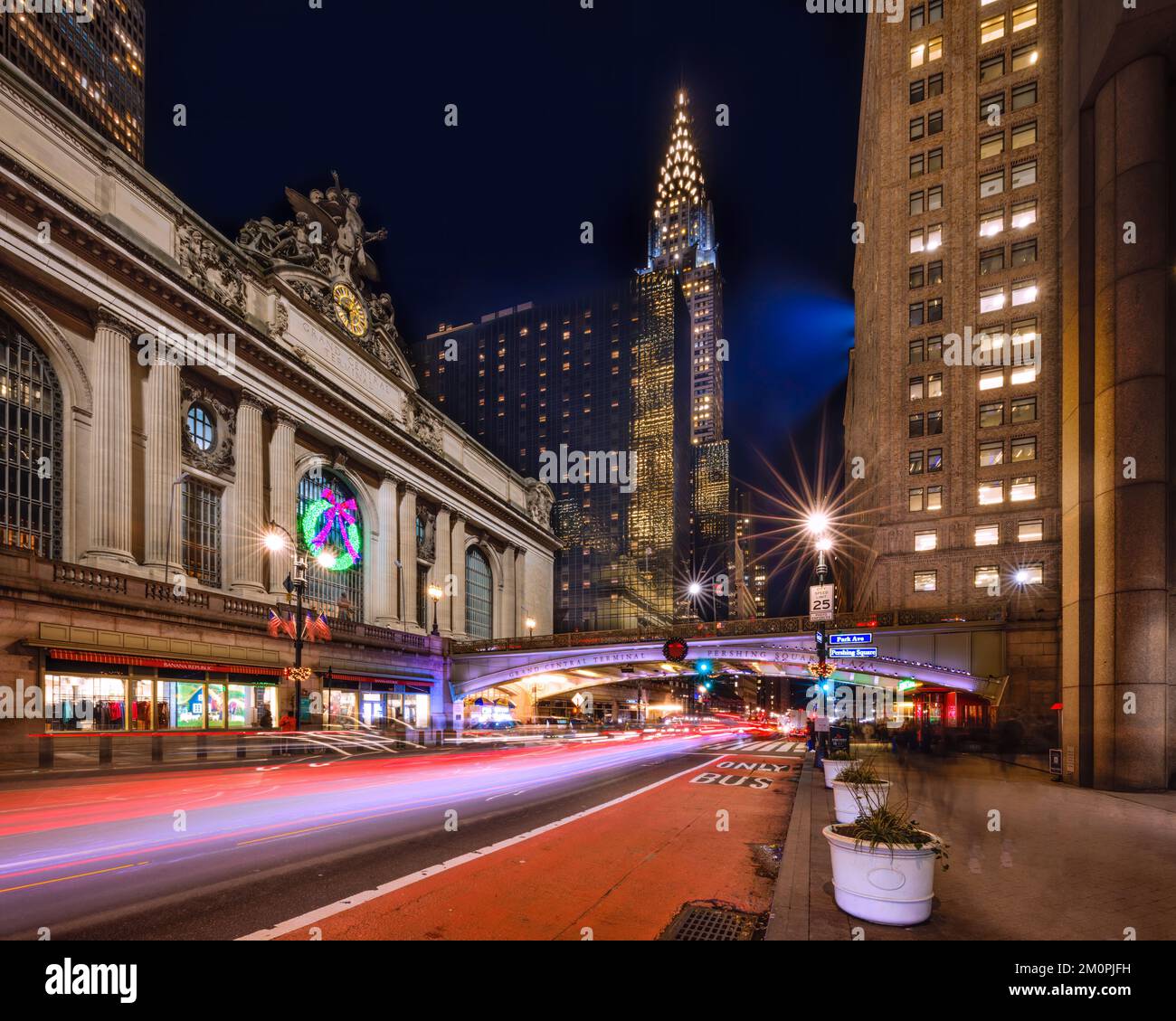 A long exposure at 42nd Street,  Grand Central Terminal and Pershing Square during the holiday season. Stock Photo