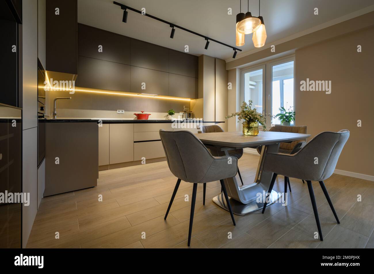 Modern grey luxurious kitchen with dining table in studio apartment