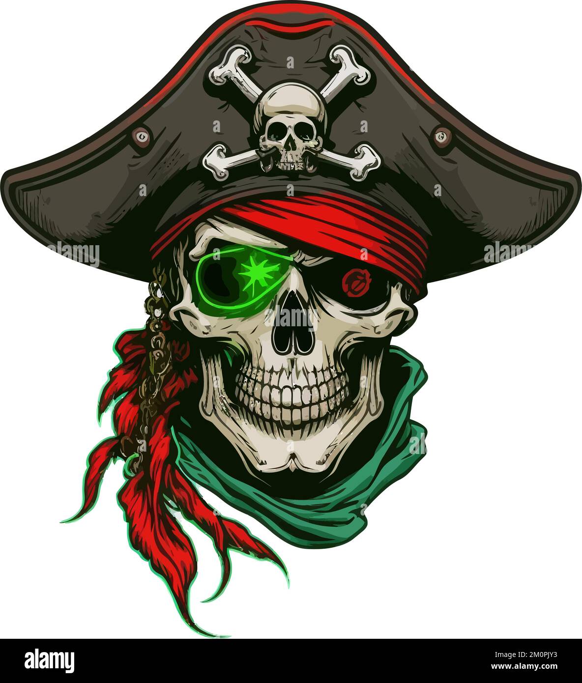 A vector design of a pirate skull with a green glowing eye isolated on ...