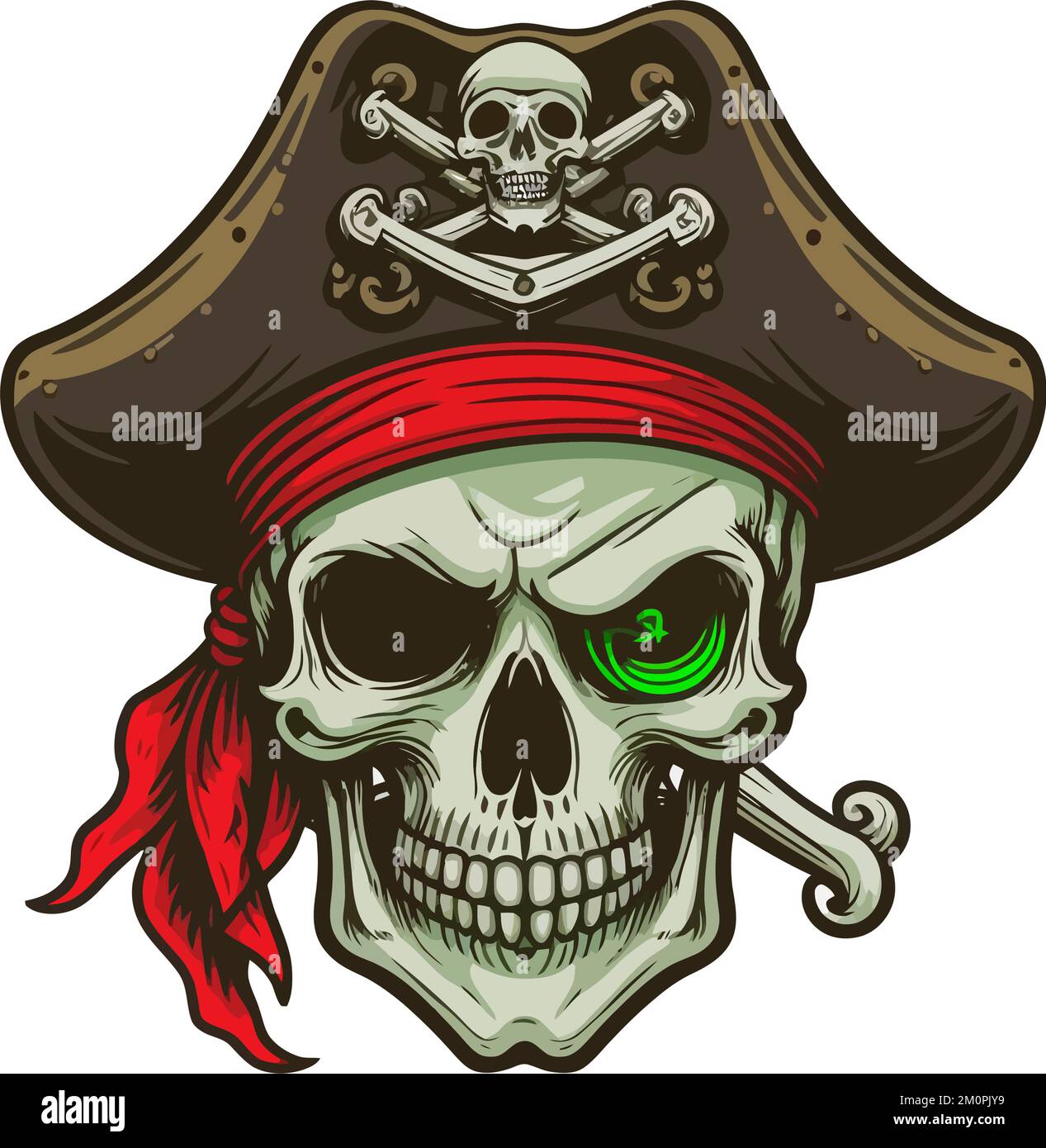 A vector design of a pirate skull with a green glowing eye isolated on ...