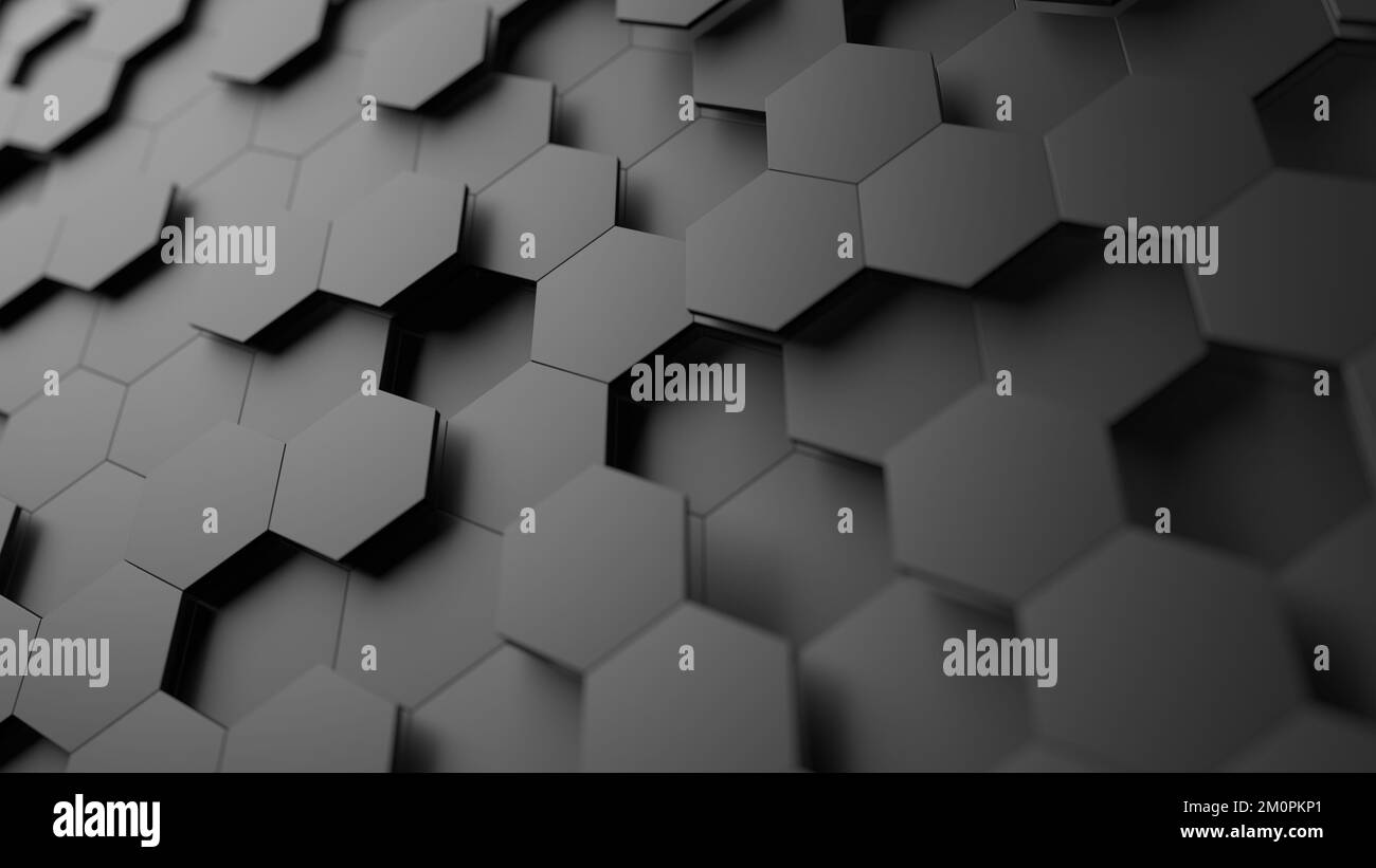 Hexagon tiles. Cold dark gray color. Abstract hexagon background. Honeycomb. Shallow depth of field. 3d illustration. Stock Photo