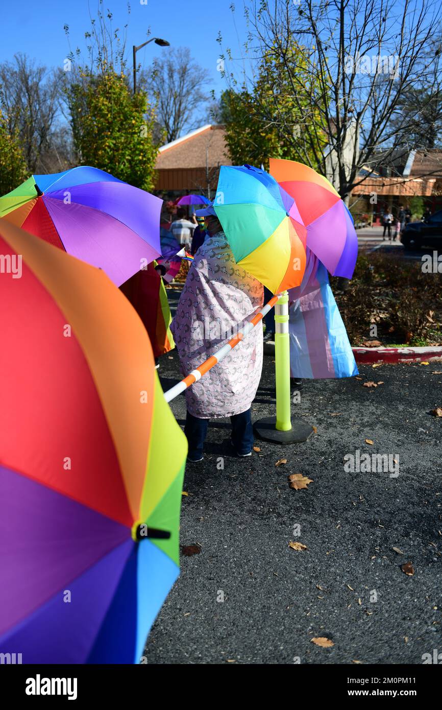 The Parasol Patrol outside a Drag Queen Story Hour event in Wheaton, Maryland, near Washington DC.  They are there to protect the families Stock Photo
