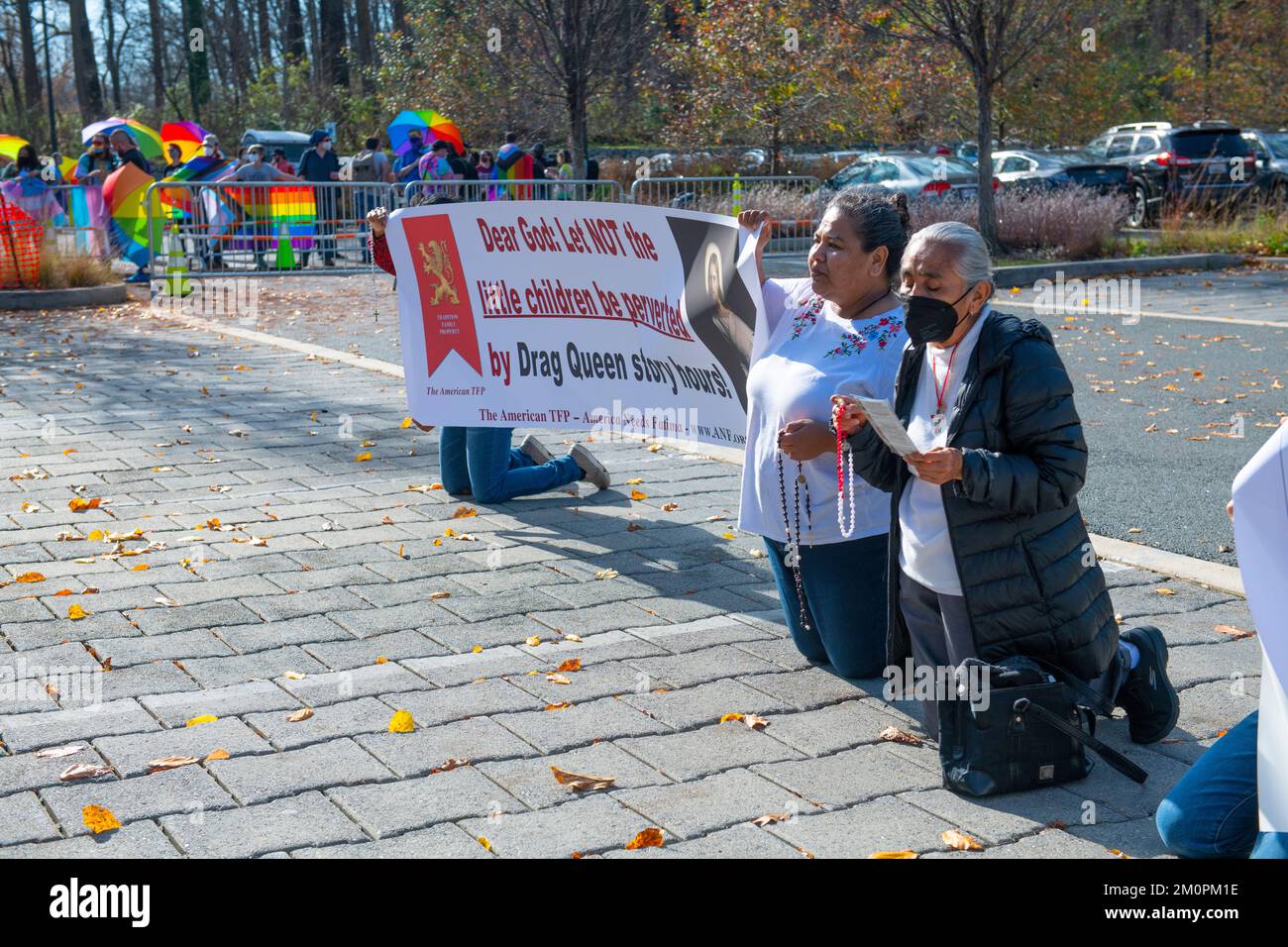 Religious Christian protesters object to a Drag Queen Story Hour in Wheaton Maryland November 2022 Stock Photo