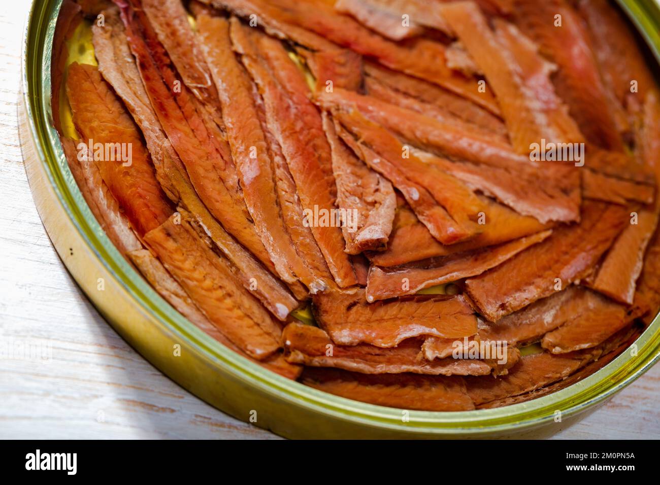 Salted anchovy fillets in oil, traditional spanish canned food Stock