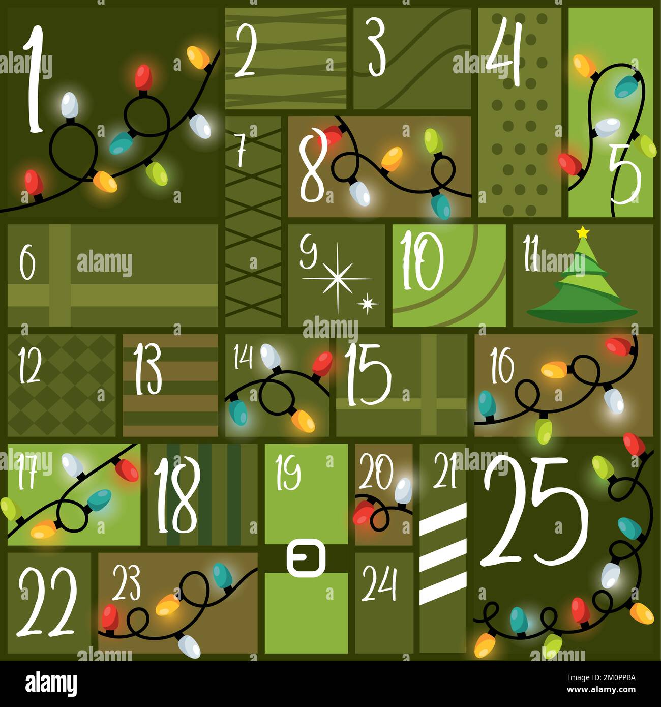 Green monochromed advent calendar with christmas ornaments Vector Stock