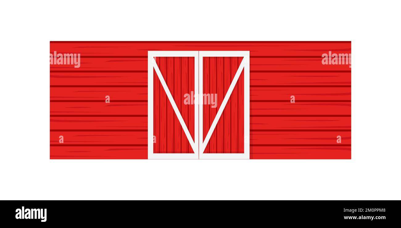 Red wooden door on barn wall. Front view. Element of American farm warehouse building isolated on white background. Vector cartoon illustration. Stock Vector