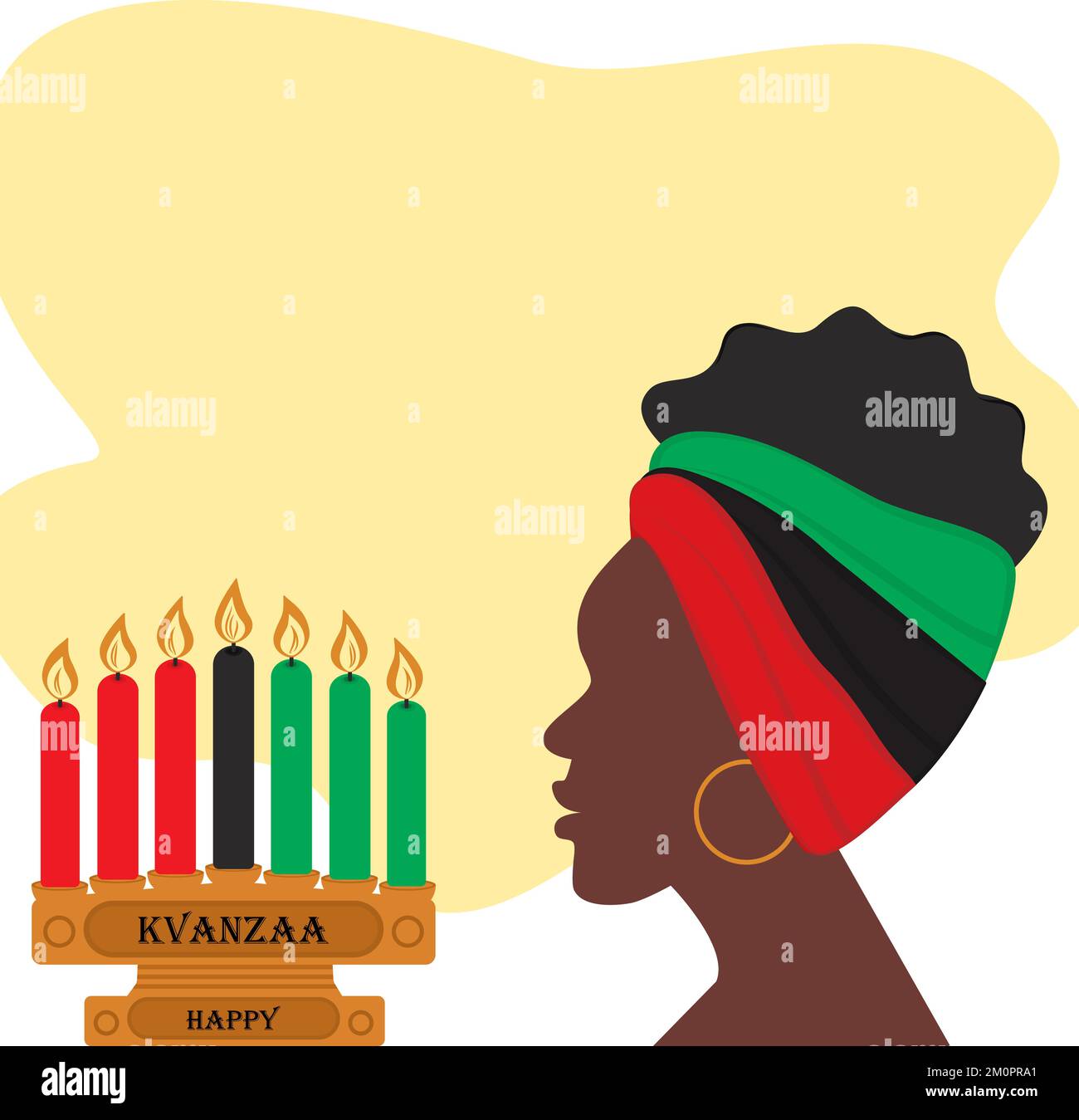 Profile of African American woman and wooden candelabra with seven candles in color African flag and Happy Kwanzaa inscription. Copyspace. Sticker. Isolate. Good for banner, brochure, invitation, card Stock Vector
