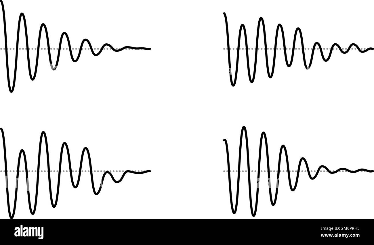 Sinusoid fading signal set. Black curve sound wave collection. Voice or music audio concept. Pulsating lines. Fading out electronic radio graphics.  Stock Vector