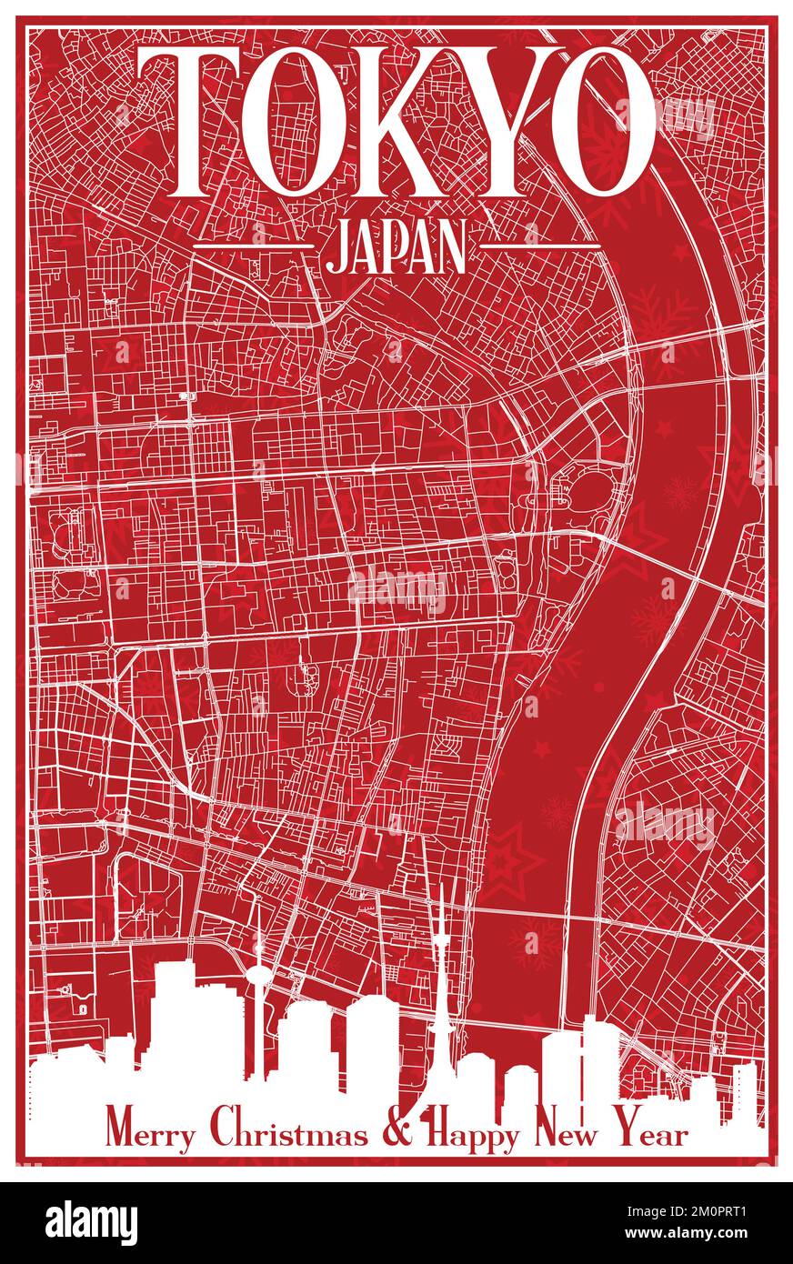 Red vintage hand-drawn Christmas postcard of the downtown TOKYO, JAPAN with highlighted city skyline and lettering Stock Vector
