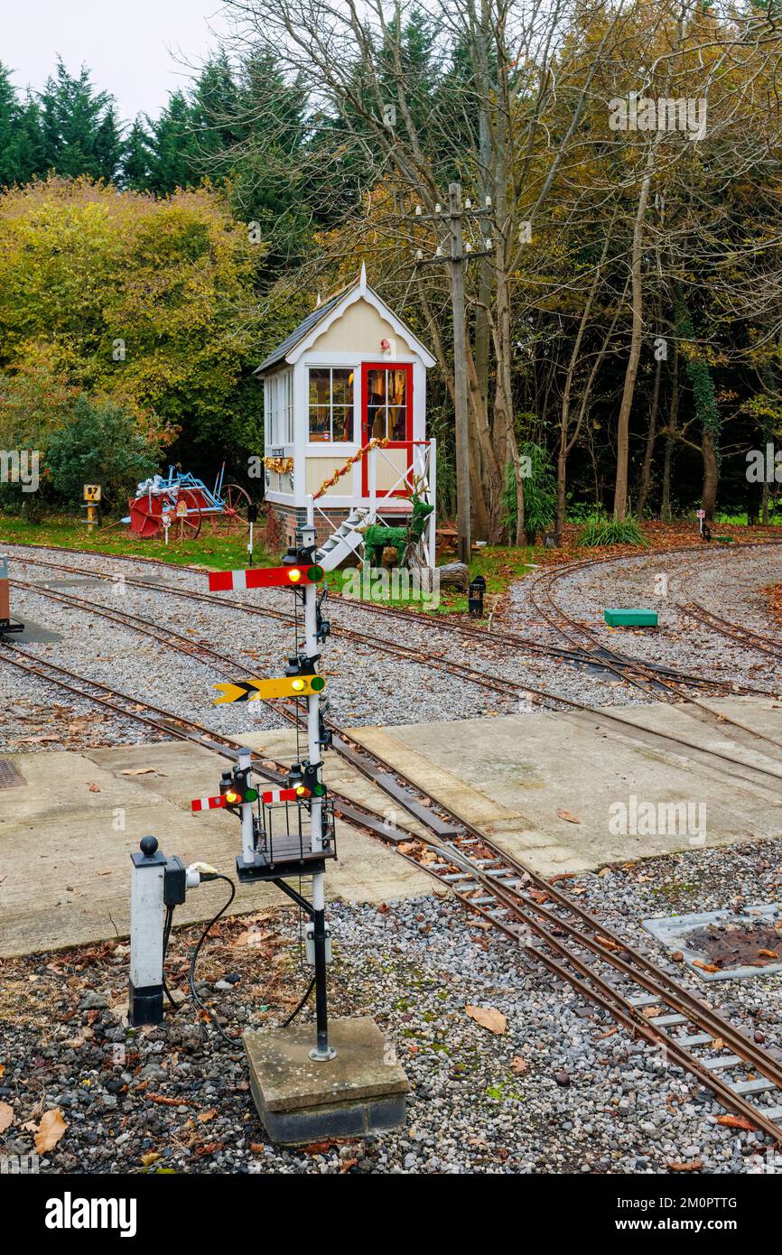 The signal box at the popular annual Santa Special event at Mizen's Railway in Knaphill, Woking, an annual event of miniature train rides for children Stock Photo