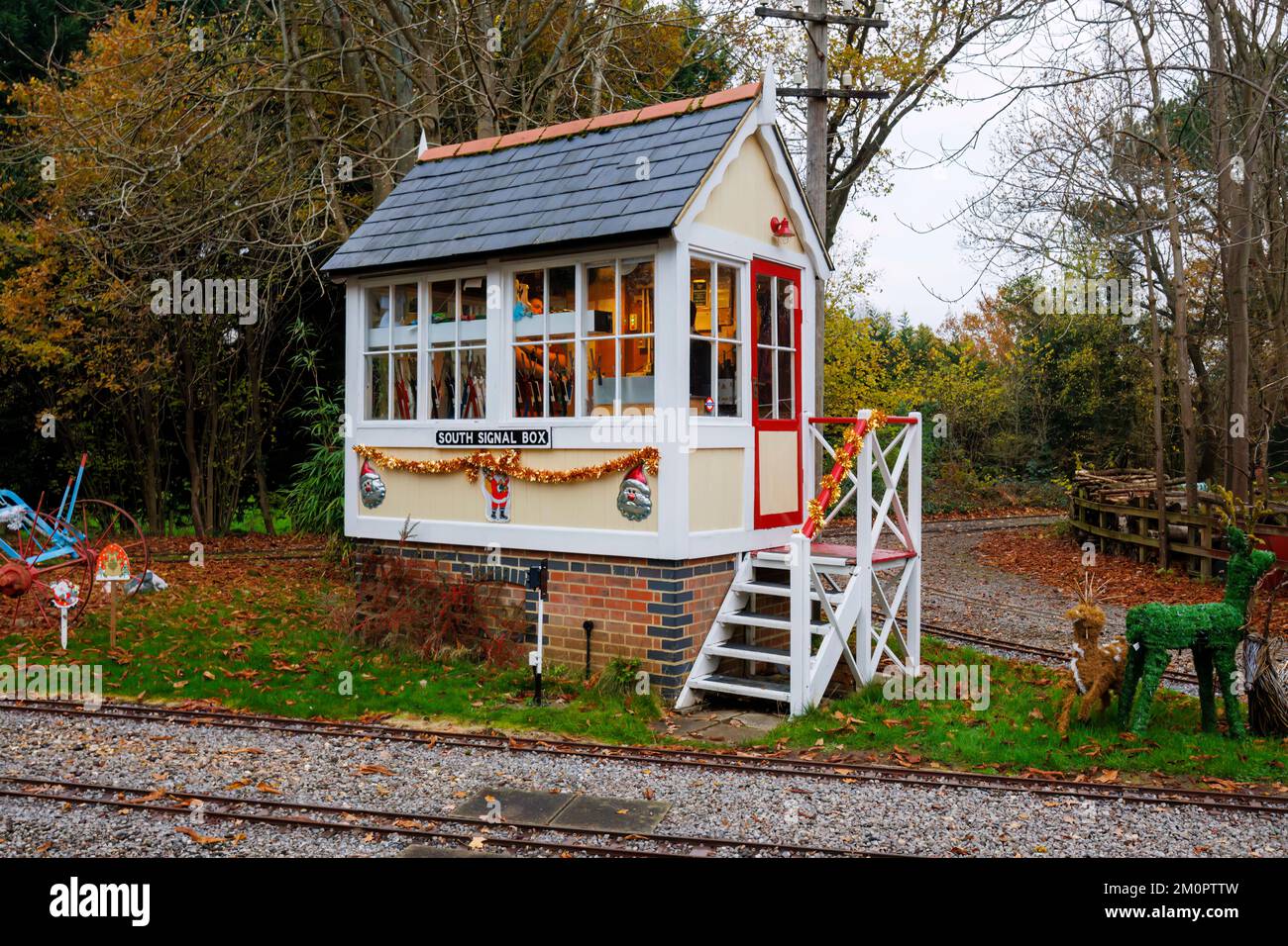 The signal box at the popular annual Santa Special event at Mizen's Railway in Knaphill, Woking, an annual event of miniature train rides for children Stock Photo