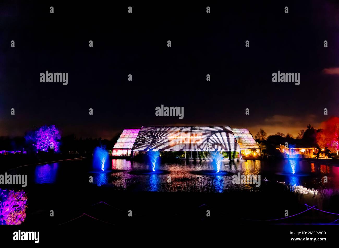 The Glasshouse and lake illuminated in the 2022 annual Christmas Glow