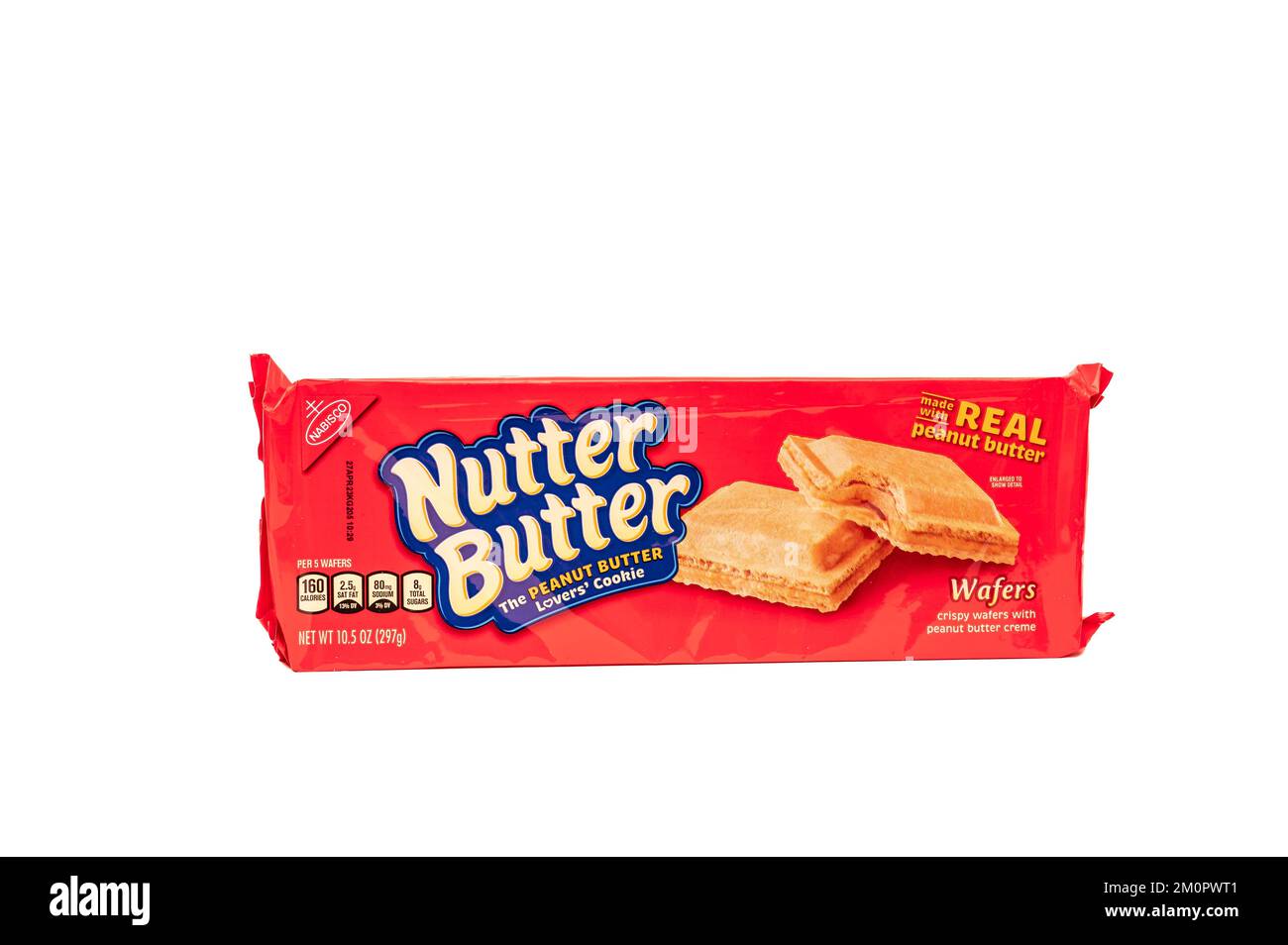 A package of Nutter Butter crispy wafers filled with peanut butter creme by Nabisco, isolated on white Stock Photo