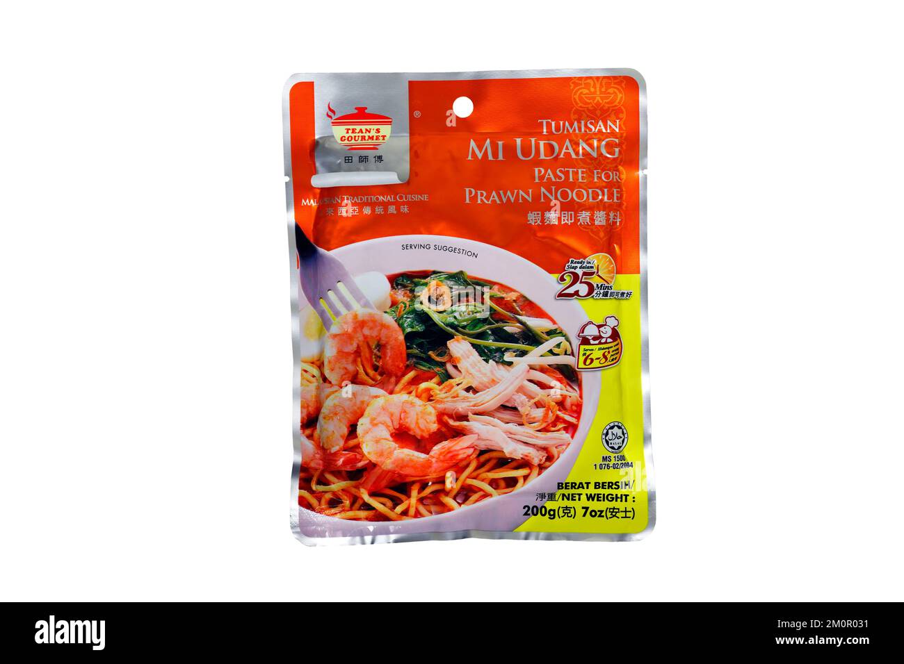 A packet of Tean's Gourmet Tumisan Mi Udang prawn noodle paste isolated on a white background. cutout image for illustration and editorial use. Stock Photo