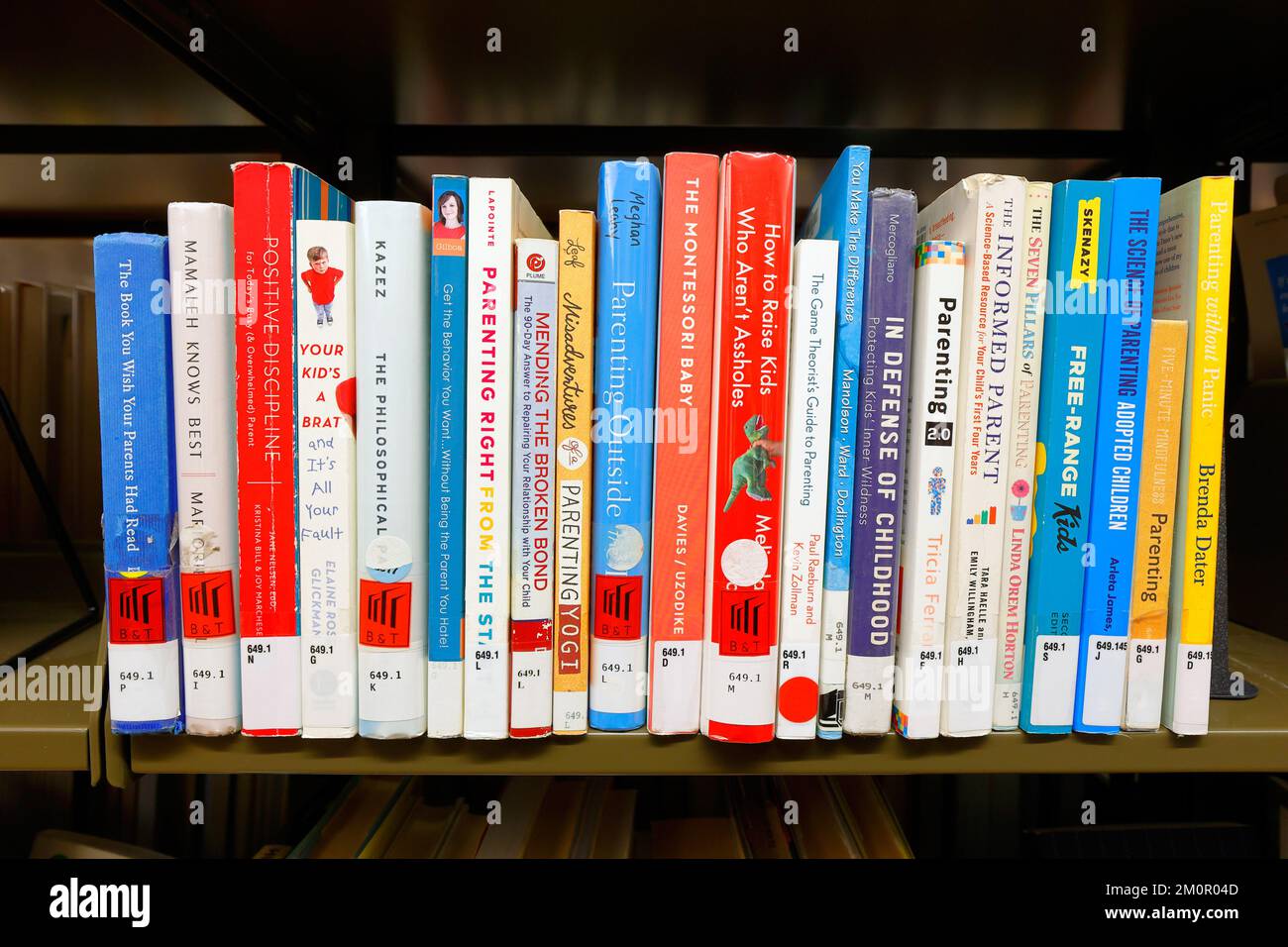 Do it yourself, self help, professional advice books on parenting and child raising on a library shelf. Stock Photo