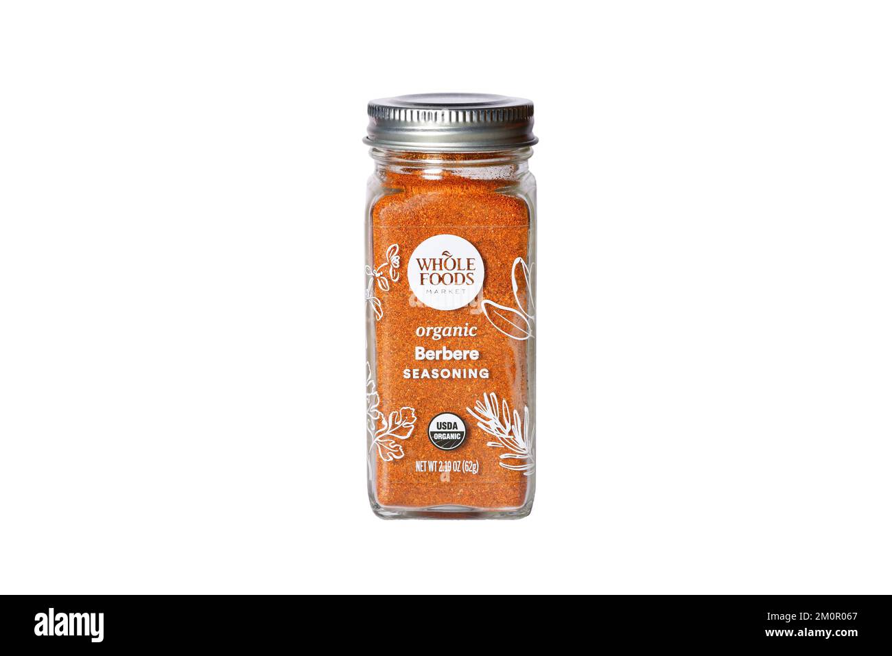A jar of Whole Foods Market brand Berbere seasoning. Ethiopian cuisine spice mix cutout image for illustration and editorial use. Stock Photo