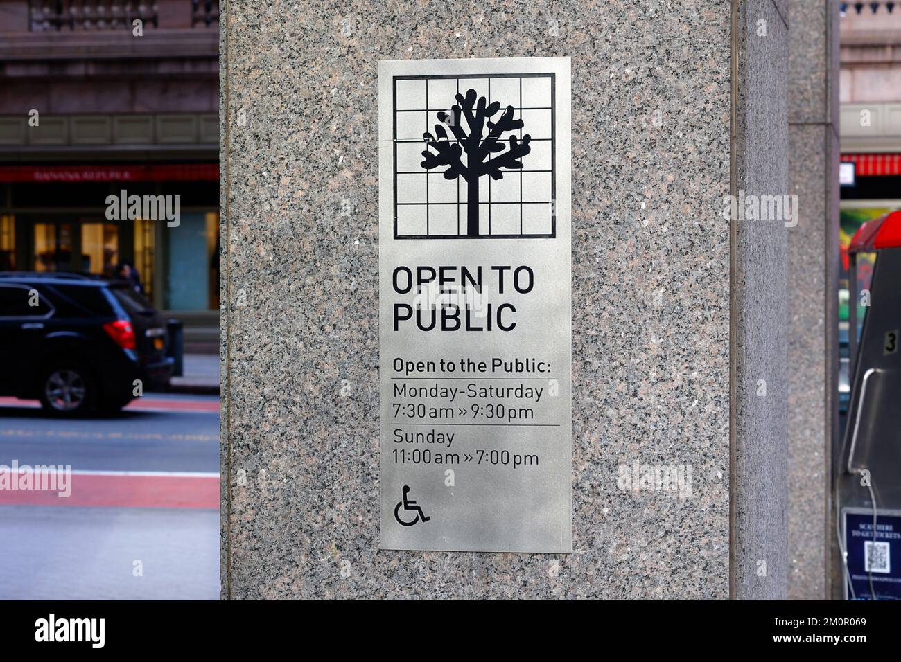 Signage at a Privately Owned Public Space in New York City. POPS are the result of zoning concessions offered by the city to developer... Stock Photo