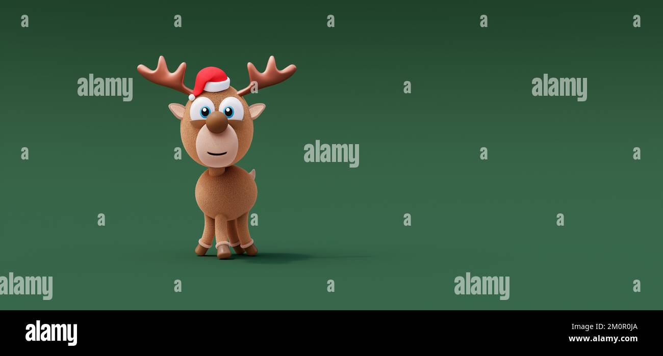 Funny reindeer with Santa Claus hat on green background. Holidays are coming concept with copy space 3d render 3d illustration Stock Photo