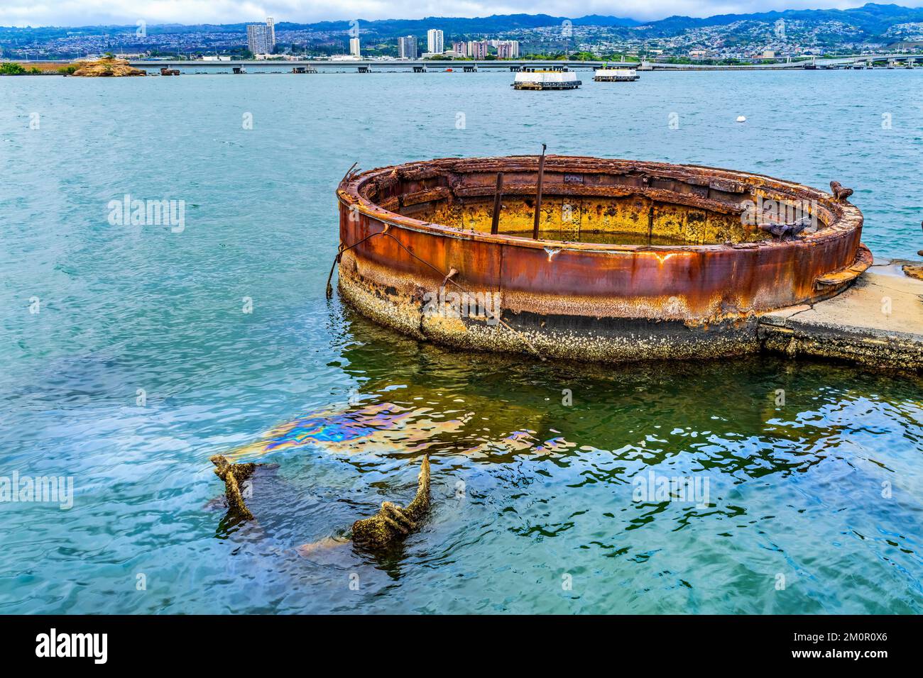 Oil Leaking Submerged Gun Turret USS Arizona Memorial Dock Pearl Harbor
