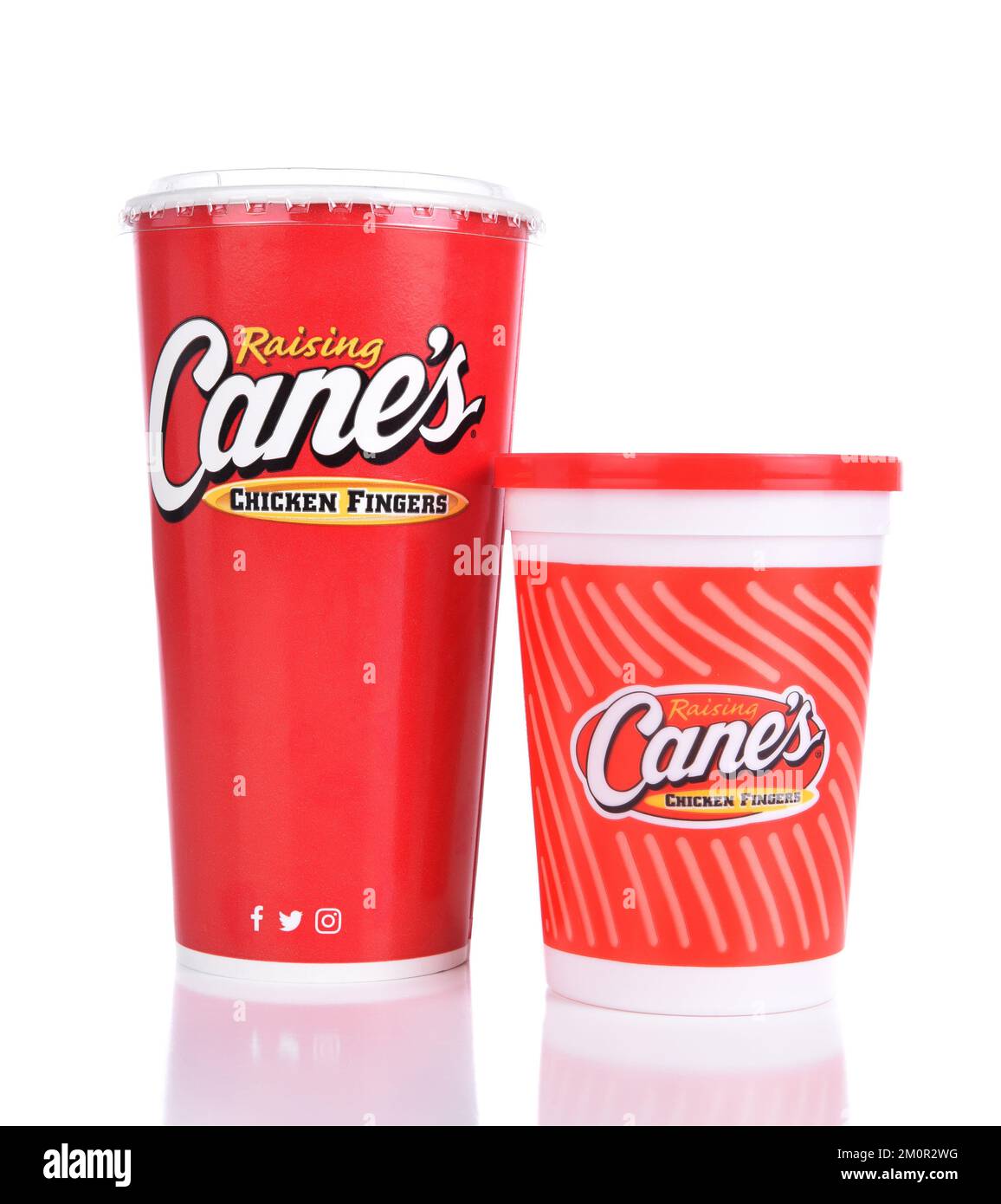 IRVINE, CALIFORNIA - AUGUST 22, 2017:  Raising Canes Drink Cups. Raising Canes ia a fast food restaurant chain specializing in Chicken Finger meals. Stock Photo