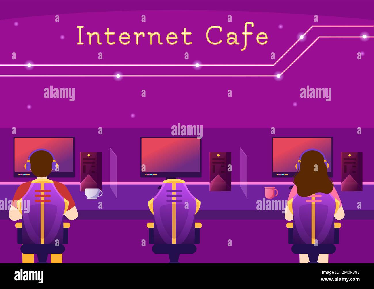 Cafe of Young People Playing Games, Workplace use a Laptop