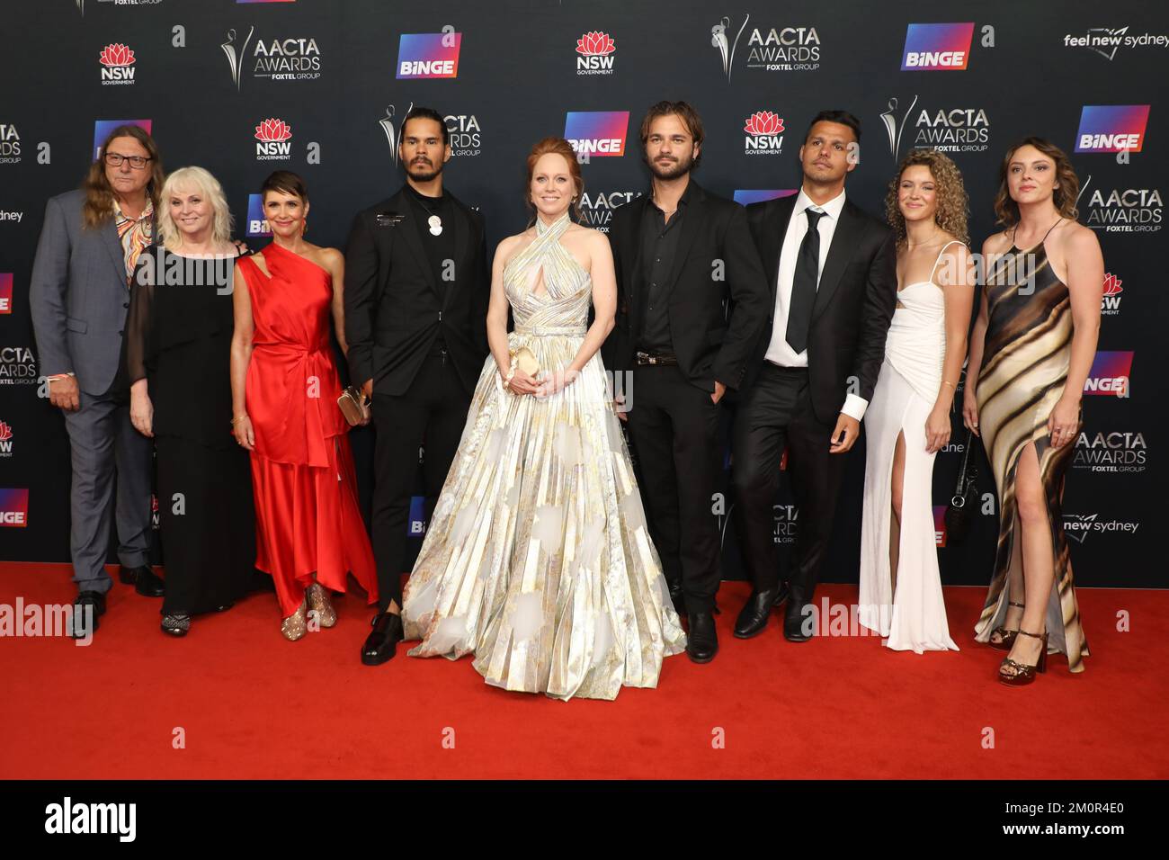 Sydney, Australia. 7th December 2022: David Jowsey, Greer Simpkin, Tasma Walton, Mark Coles Smith, Hayley McElhinney, Dylan River, Tyson Perkins, Teigan McCarty and Alice Schulz attend the 2022 AACTA Awards at the Hordern Pavilion. Credit: Richard Milnes/Alamy Live News Stock Photo